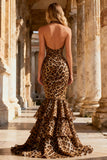 Mermaid Khaki Leopard Halter Open Back Long Ball Dress