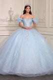 Sky Blue Off The Shoulder Ball-Gown Appliqued Quinceanera Dress