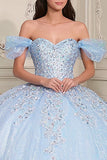 Sky Blue Off The Shoulder Ball-Gown Appliqued Quinceanera Dress