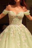 Green Off The Shoulder Ball-Gown Appliqued Quinceanera Dress