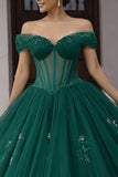 Off The Shoulder Dark Green Ball-Gown Corset Appliqued Quinceanera Dress