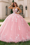 Pink Spaghetti Straps Ball-Gown Appliqued Quinceanera Dress