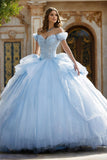 Off The Shoulder Blue Ball-Gown Appliqued Ruffled Quinceanera Dress