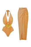Golden Halter 2 Piece Swimsuit with Beach Skirt