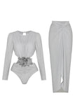 Long Sleeve Silver 2 Piece Swimsuit with Beach Skirt