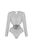 Long Sleeve Silver 2 Piece Swimsuit with Beach Skirt