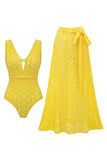 Yellow V Neck 2 Piece A Line Swimsuit with Skirt