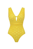 Yellow V Neck 2 Piece A Line Swimsuit with Skirt