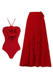 Red Ruffled 2 Piece Swimsuit with Skirt
