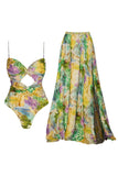 Yellow Spaghetti Straps Cut Out Floral Swimsuit with Skirt