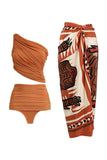 Orange Printed 3 Piece Ruched Swimsuit with Beach Skirt