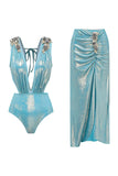 Metallic Blue Beaded V Neck Swimsuit with Beach Skirt