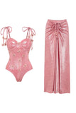 Blush Metallic Appliqued Swimsuit with Beach Skirt
