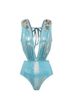 Metallic Blue Beaded V Neck Swimsuit with Beach Skirt