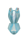 Metallic Blue Beaded V Neck Swimsuit with Beach Skirt
