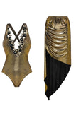 Metallic Golden Appliqued 2 Piece Swimsuit