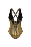 Metallic Golden Appliqued 2 Piece Swimsuit