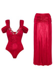 Red Cold Shoulder Metallic 2 Piece Beaded Swimsuit