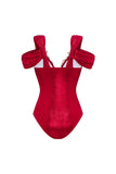 Red Cold Shoulder Metallic 2 Piece Beaded Swimsuit