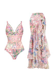 Pink Floral V Neck Swimsuit with Beach Skirt