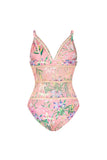 Pink Floral V Neck Swimsuit with Beach Skirt