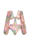 Pink Floral Long Sleeve 2 Piece Swimsuit with Beach Skirt