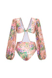 Pink Floral Long Sleeve 2 Piece Swimsuit with Beach Skirt