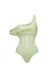 Green Asymmetrical Neck 2 Piece Corset Swimsuit