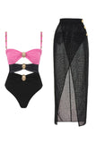 Black Cut Out Spaghetti Straps Swimsuit with Beach Skirt