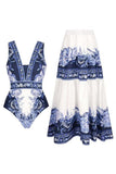 White and Blue Printed V Neck Swimsuit with Beach Skirt