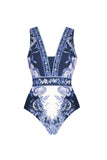 White and Blue Printed V Neck Swimsuit with Beach Skirt
