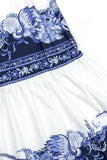 White and Blue Printed V Neck Swimsuit with Beach Skirt