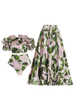 Green Pink Floral 3 Piece Ruffled Swimsuit with Beach Skirt