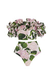 Green Pink Floral 3 Piece Ruffled Swimsuit with Beach Skirt