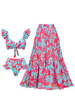 Blue Fuchsia Floral 3 Piece Ruffled Swimsuit with Skirt