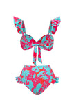 Blue Fuchsia Floral 3 Piece Ruffled Swimsuit with Skirt