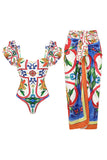 Orange Blue 2 Piece Printed Swimsuit with Beach Skirt
