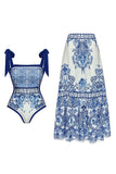 Blue and White Printed 2 Piece Swimsuit with Beach Skirt