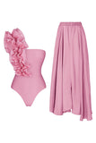 One Shoulder Ruffled Pink 2 Piece Swimsuit with Beach Skirt