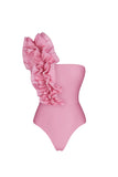 One Shoulder Ruffled Pink 2 Piece Swimsuit with Beach Skirt