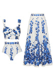 White Blue Floral 3 Piece Swimsuit with Beach Skirt