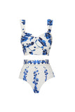 White Blue Floral 3 Piece Swimsuit with Beach Skirt