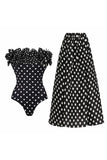 Strapless Ruffled Black White Dot Swimsuit with Beach Skirt