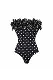 Strapless Ruffled Black White Dot Swimsuit with Beach Skirt