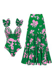 Dark Green Floral 2 Piece Swimsuit with Beach Skirt