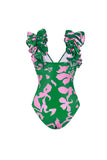 Dark Green Floral 2 Piece Swimsuit with Beach Skirt