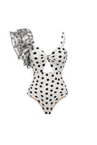 One Shoulder Ruffled White Black Dot Cut Out Swimsuit