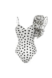 One Shoulder Ruffled White Black Dot Cut Out Swimsuit