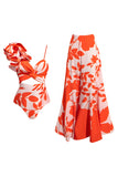 Orange Ruffled Cut Out Swimsuit with Beach Skirt