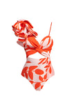 Orange Ruffled Cut Out Swimsuit with Beach Skirt
